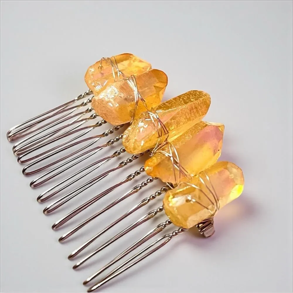 Handmade Genuine Yellow Quartz Crystal Hair Comb